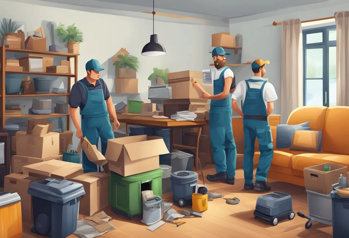 A cluttered room with old furniture, appliances, and boxes. A team of workers in uniforms and a junk removal truck outside