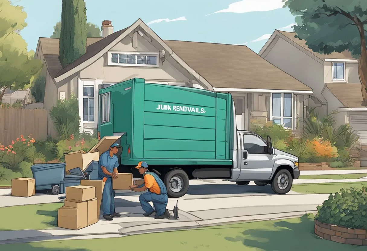 A junk removal truck parked in front of a suburban home in Laguna Hills. Two workers load old furniture and debris into the truck while a third worker speaks with the homeowner