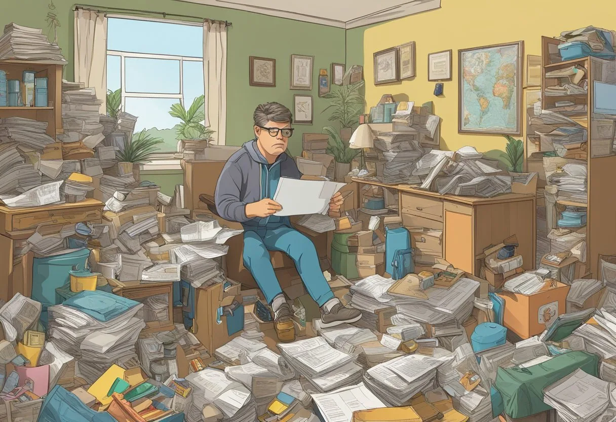 A cluttered room with various junk items. A person reading a document titled "Laguna Hills Regulations" with a puzzled expression