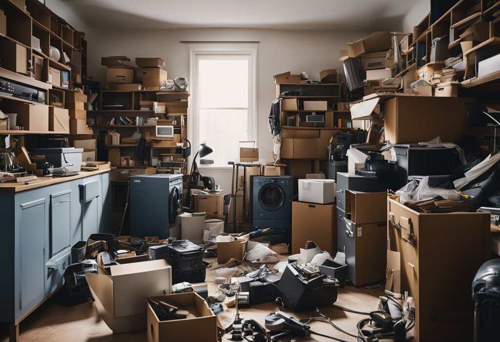 A cluttered room with old furniture and appliances. A junk removal team clearing out the space, creating a clean and open area for redecorating